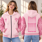Pink Ribbon Bow Zip-up Baseball Jacket