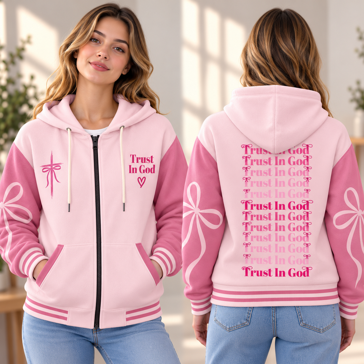 Pink Ribbon Bow Zip-up Baseball Jacket