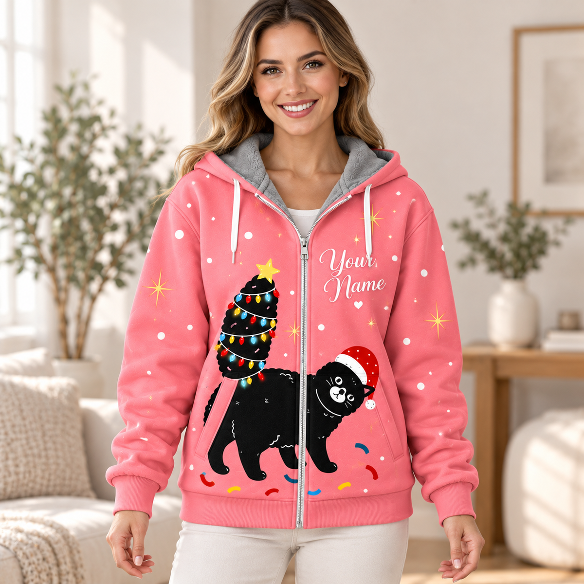 Black Cat Christmas Personalized Fleece Jacket