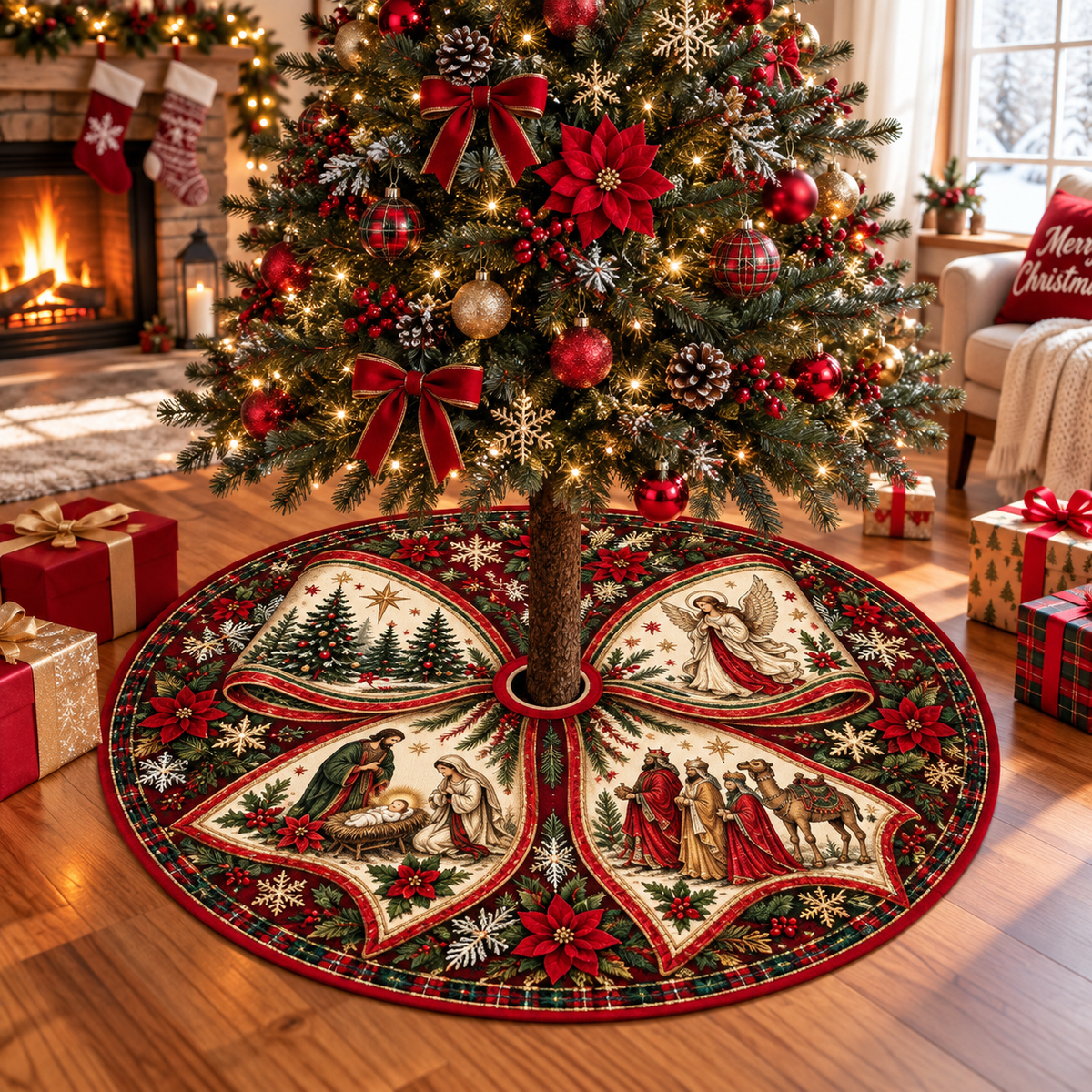 Nativity Ribbon Bow Christmas Tree Skirt