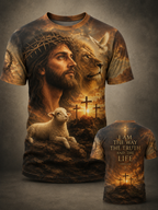 Jesus Lion of Judah T-Shirt – Three Crosses Lamb Dove All-Over Print Christian Shirt for Men