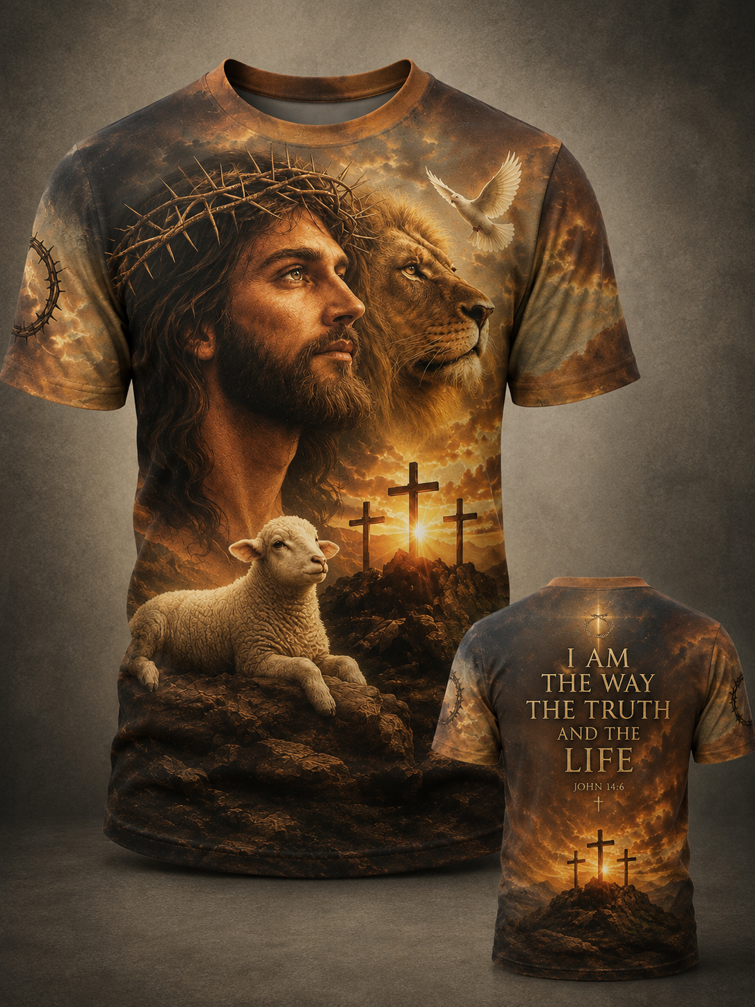 Jesus Lion of Judah T-Shirt – Three Crosses Lamb Dove All-Over Print Christian Shirt for Men