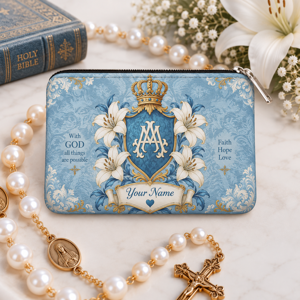 Crowned Marian Crest Personalized PU Leather Pouch