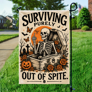 Surviving Purely Out Of Spite Skeleton Coffin Garden Flag