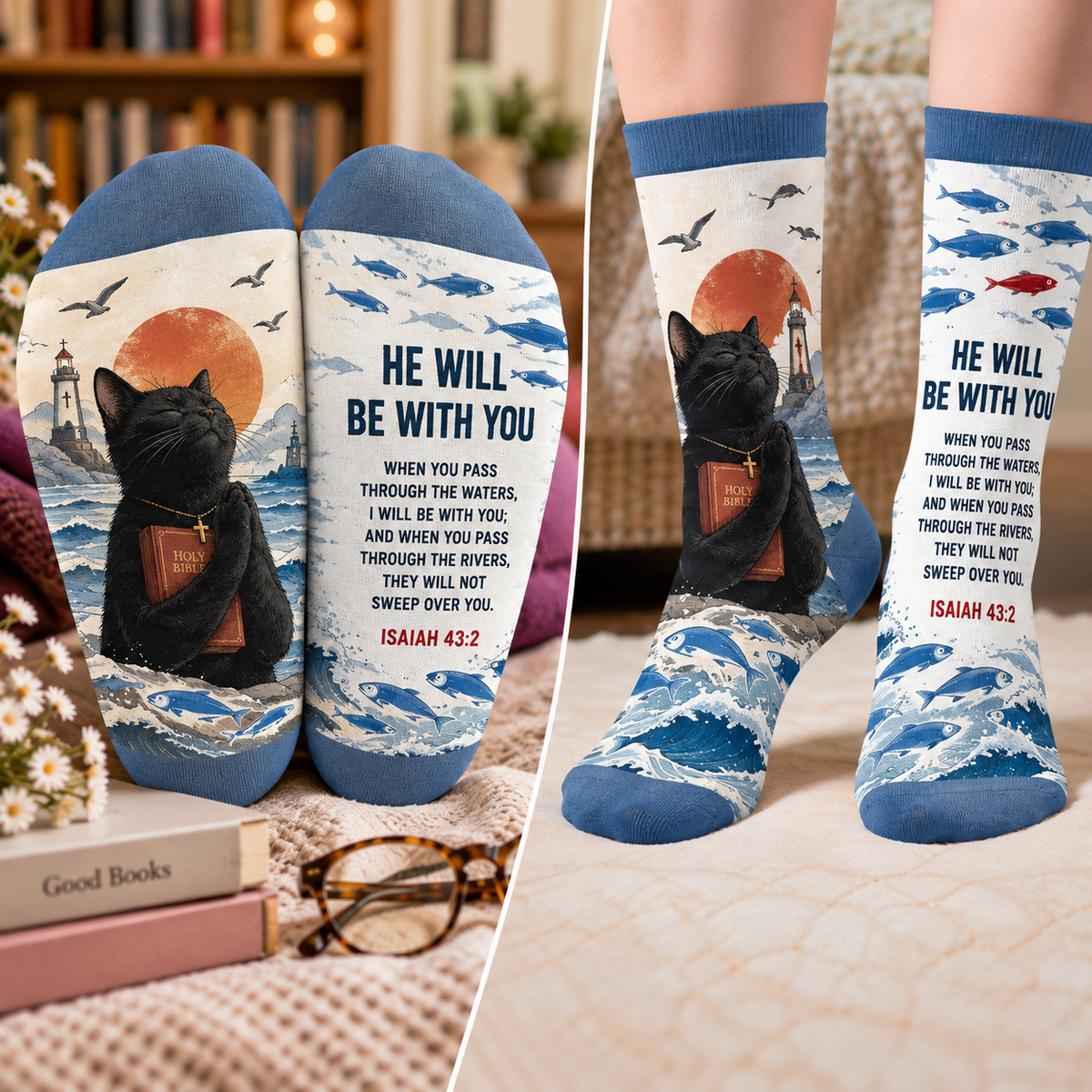 He Will Be With You Cat Mid-Tube Socks