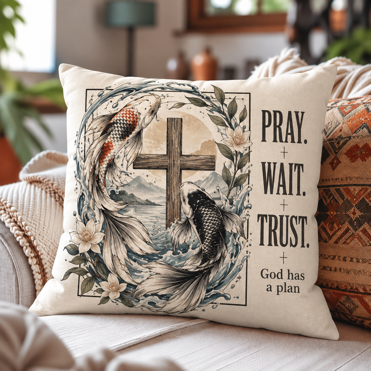 Pray Wait Trust God Has A Plan Koi Fish Cross Lily Pillow