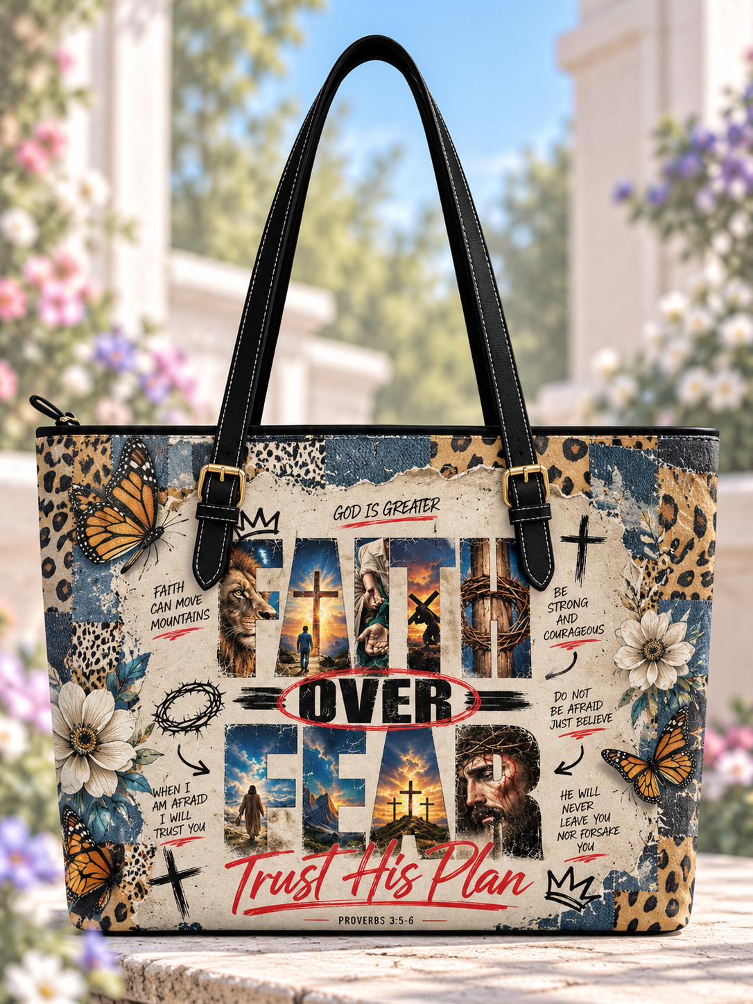 Faith Over Fear Trust His Plan Jesus Leopard Saddle Bag