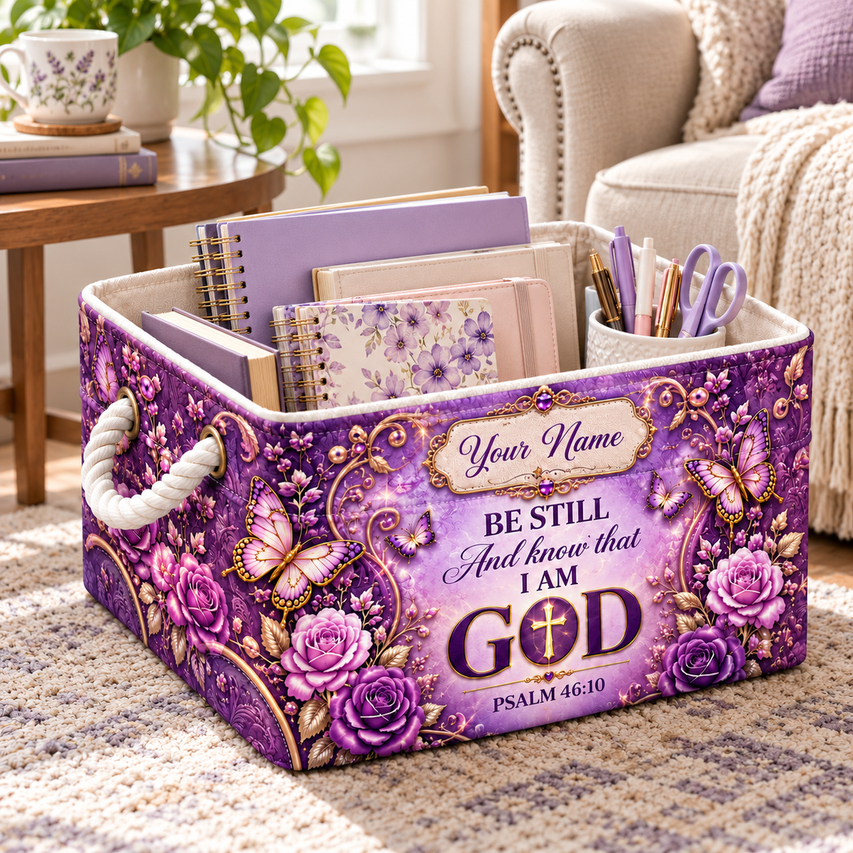 Personalized Purple Butterfly Rose Storage Basket