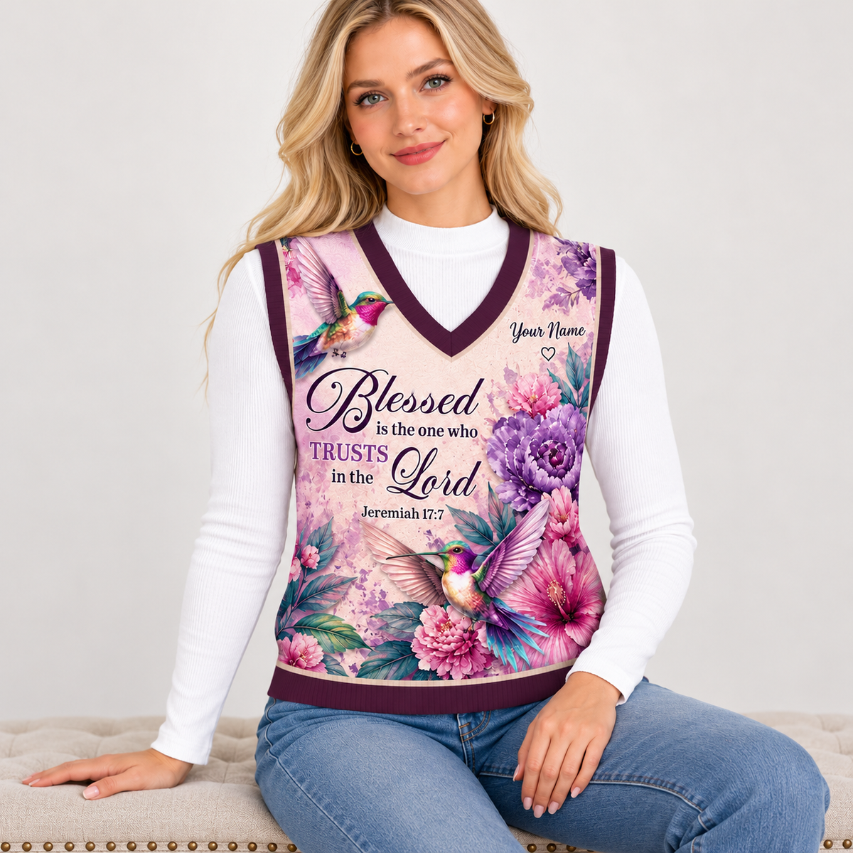 Personalized Pink Hummingbird Floral Knitted V-Neck Vest