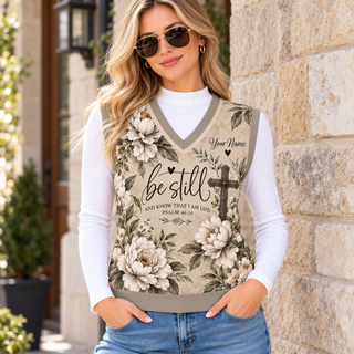 Ivory Floral Personalized Knitted V-Neck Vest