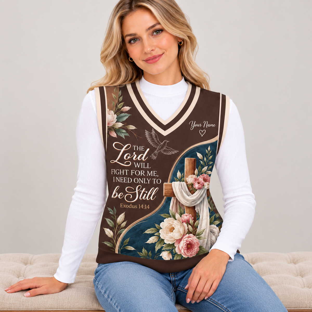 Personalized Dove Blush Floral Knitted V-Neck Vest