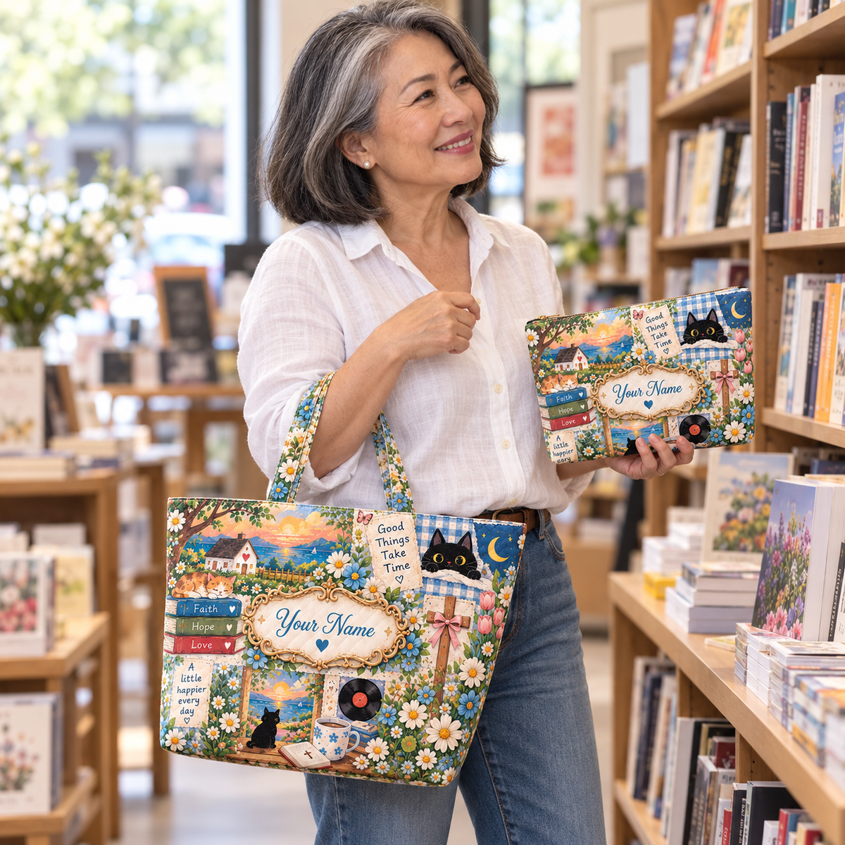 Personalized Cozy Cats & Cottage Quilted Shoulder Bag & Storage Bag