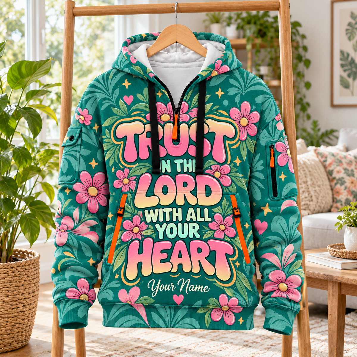 Personalized Teal Pink Floral Half-Zip Hoodie
