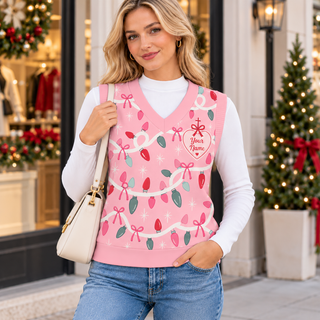 Personalized Pink Bow Lights Knitted V-Neck Vest