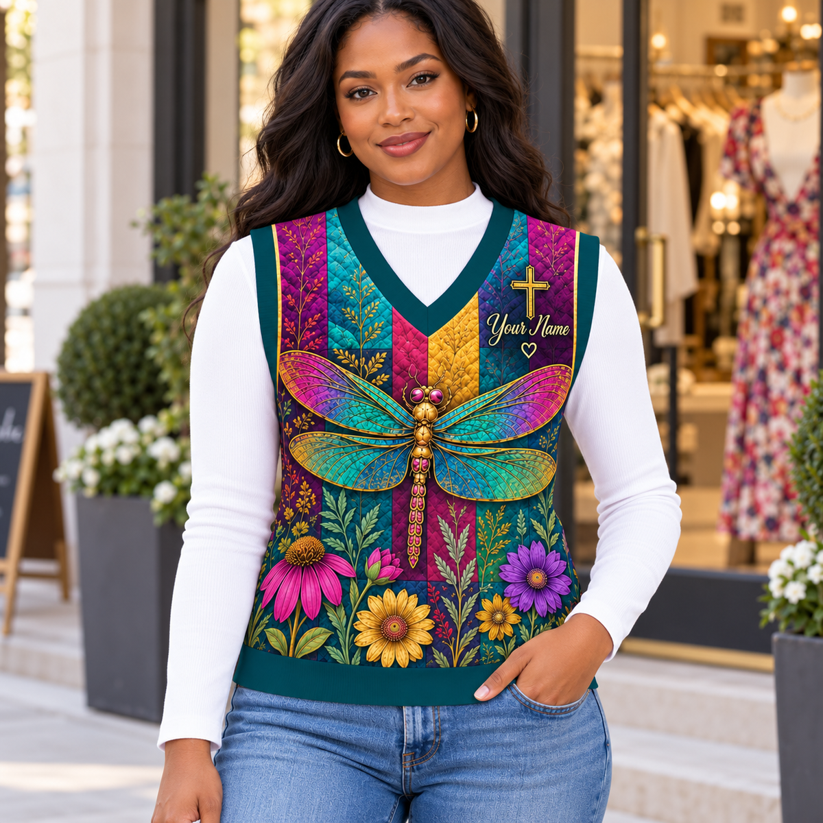 Personalized Jewel Dragonfly Floral Knitted V-Neck Vest