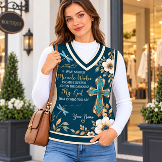Personalized Teal Dragonfly Floral Knitted V-Neck Vest
