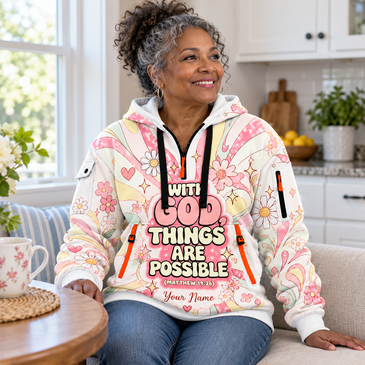 Personalized Pastel Daisy Half-Zip Hoodie