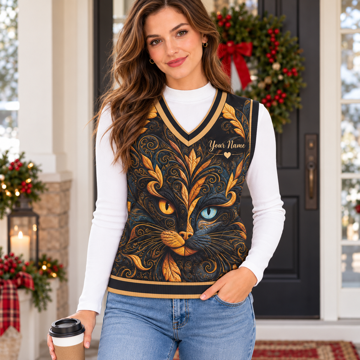 Personalized Gold Filigree Cat Knitted V-Neck Vest