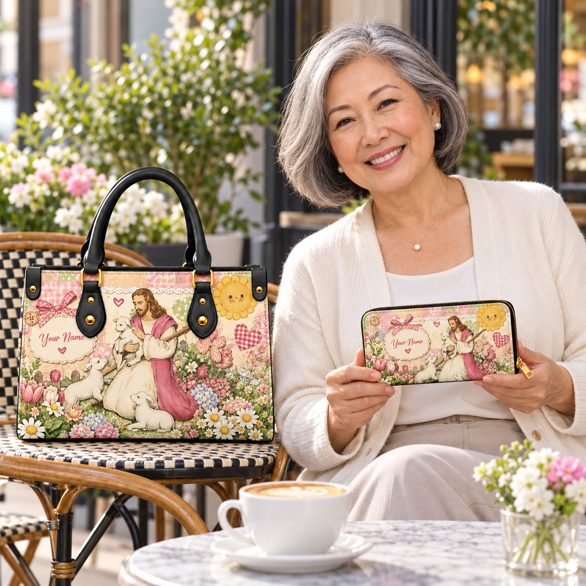 Personalized Pastel Shepherd and Lambs PU Leather Handbag & Leather Long Wallet