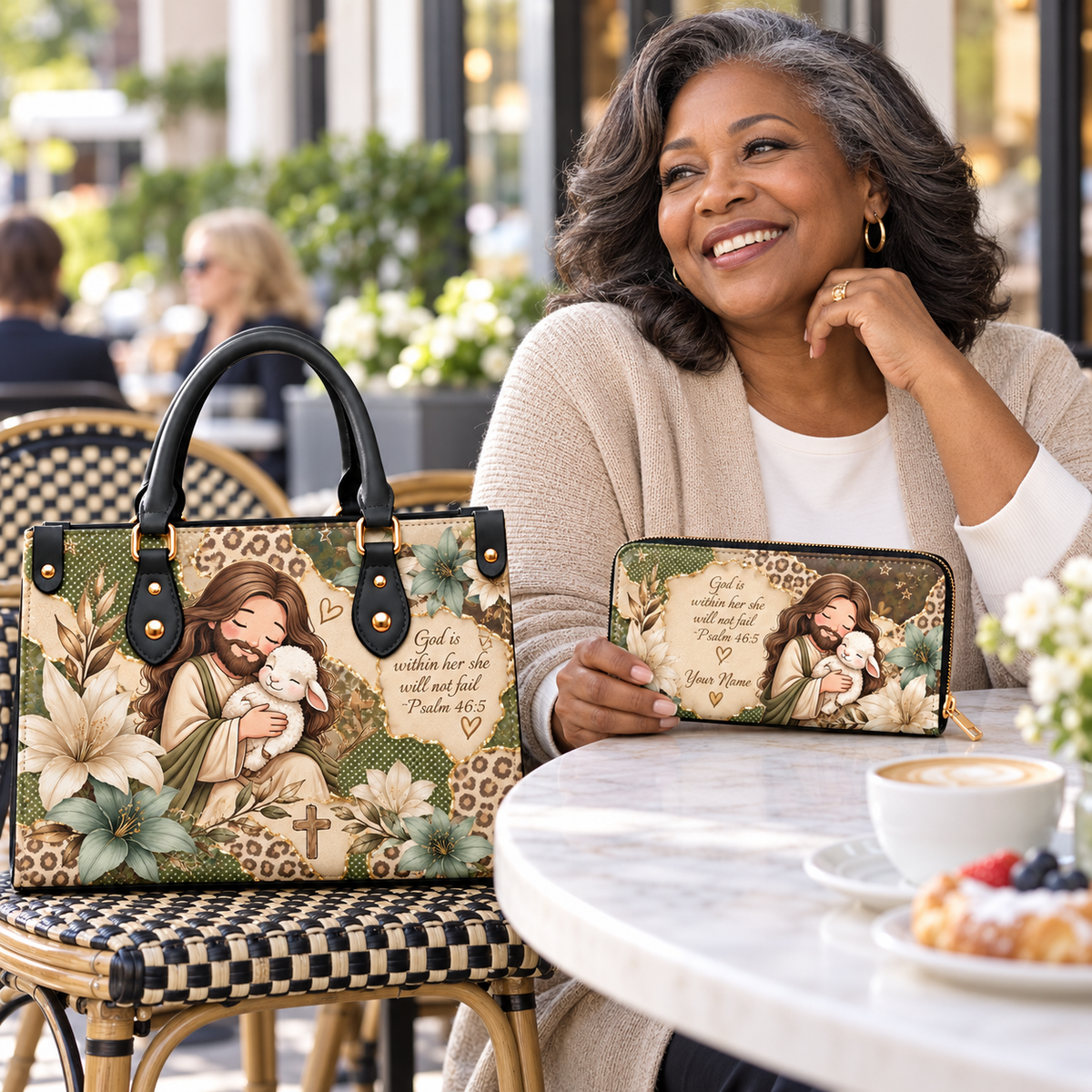 Personalized Sage Floral Shepherd and Lamb PU Leather Handbag & Leather Long Wallet
