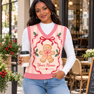 Personalized Pink Gingerbread Knitted V-Neck Vest