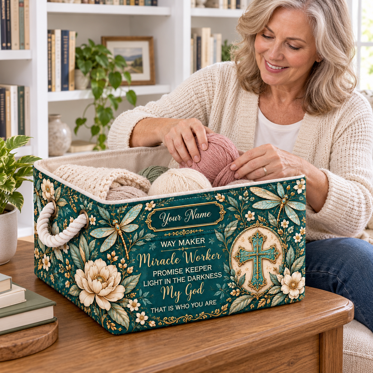Personalized Teal Dragonfly Floral Storage Basket