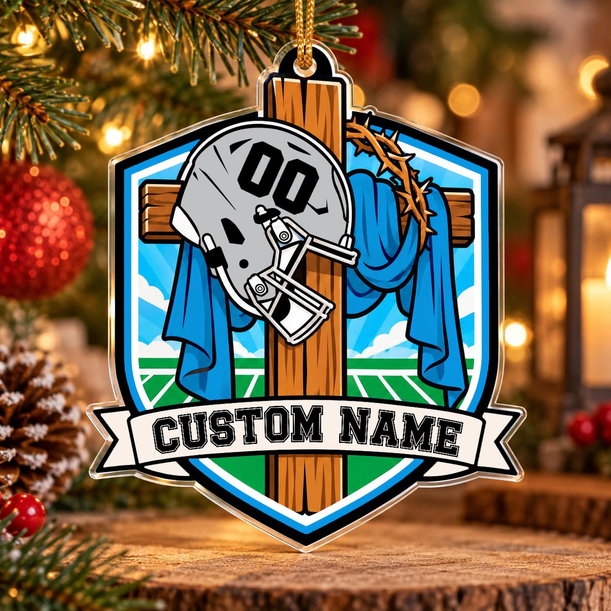 Black Blue Football Cross Shield Personalized Sports Ornament
