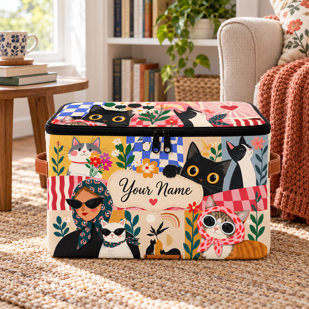 Personalized Retro Cat Square Storage Basket With Lid