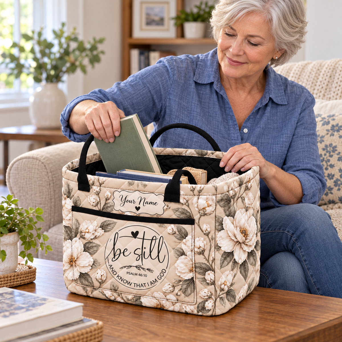 Personalized Ivory Floral Quilted Storage Basket