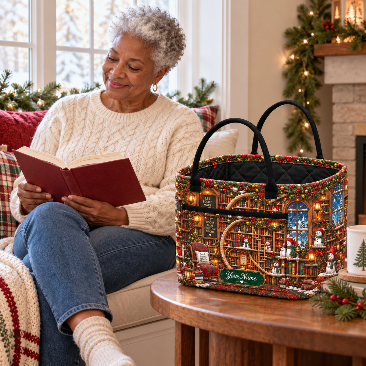Personalized Cozy Winter Library Quilted Storage Basket