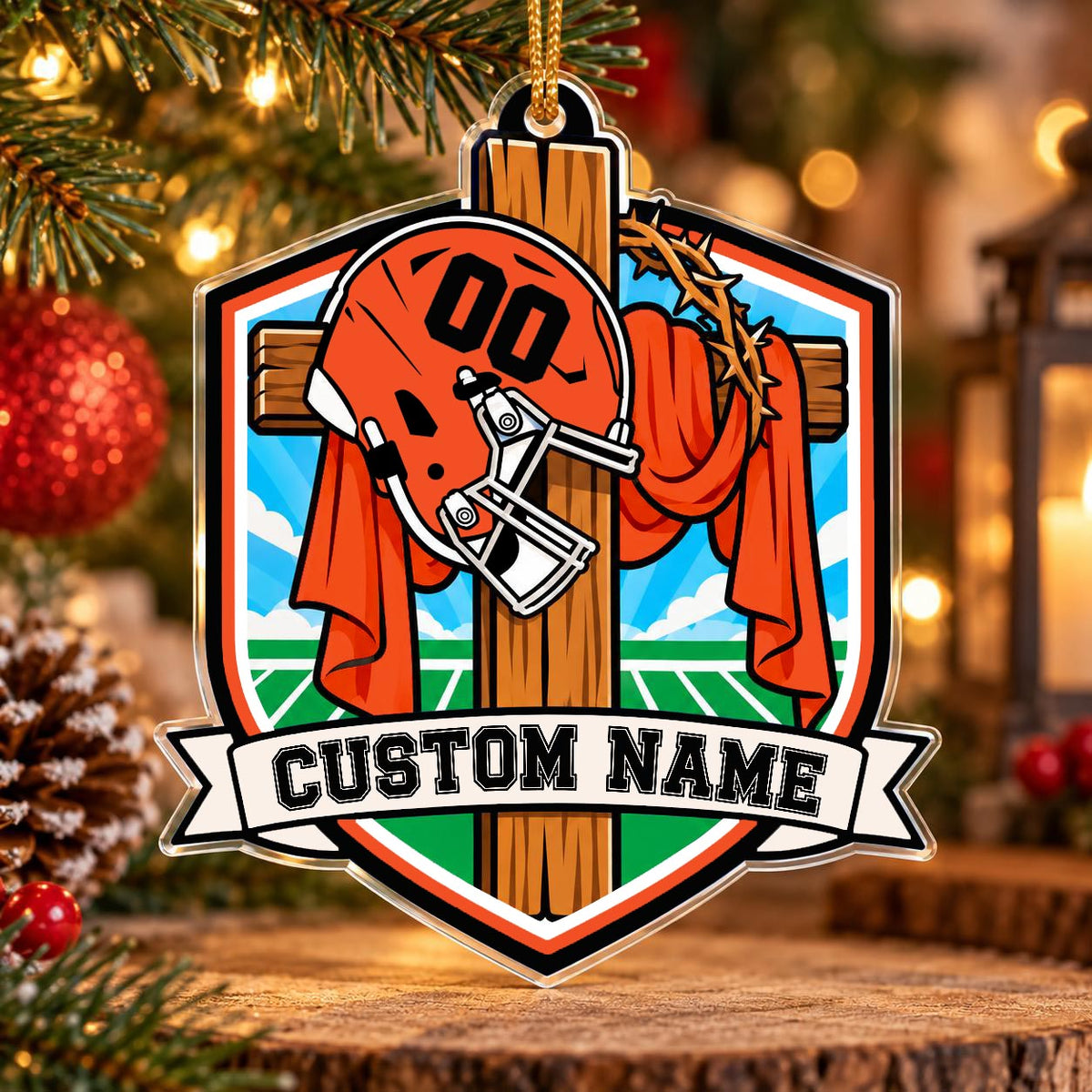 Orange Black Football Cross Shield Personalized Sports Ornament