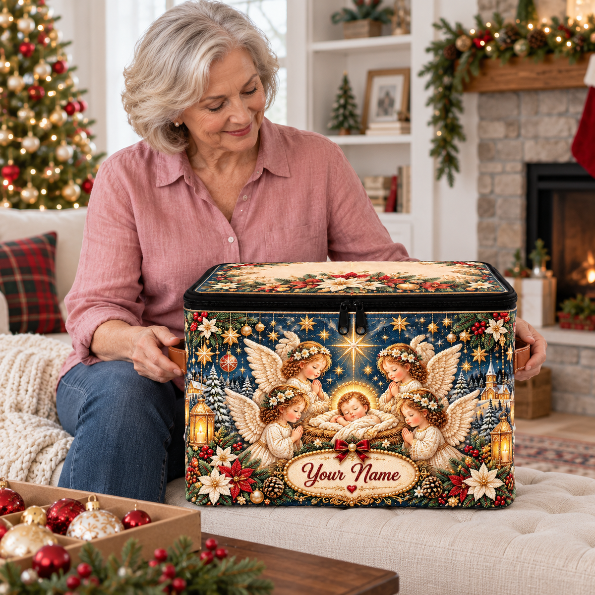 Personalized Winter Floral Square Storage Basket With Lid