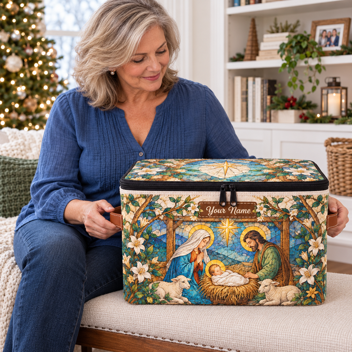 Personalized Stained Glass Floral Square Storage Basket With Lid