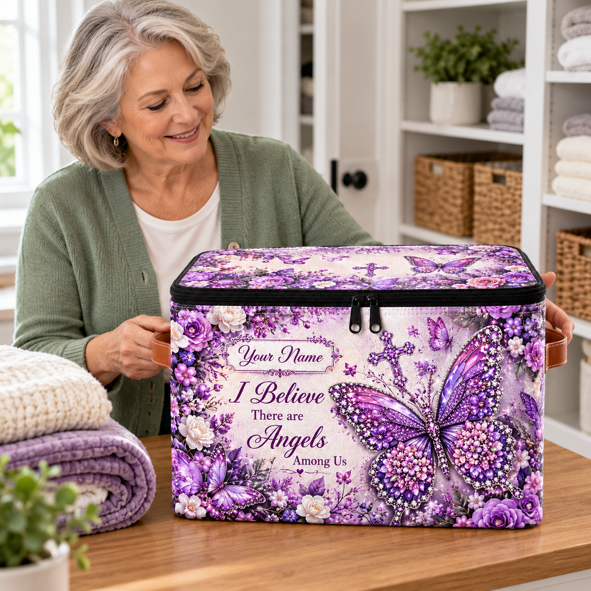 Personalized Jeweled Butterfly Square Storage Basket With Lid