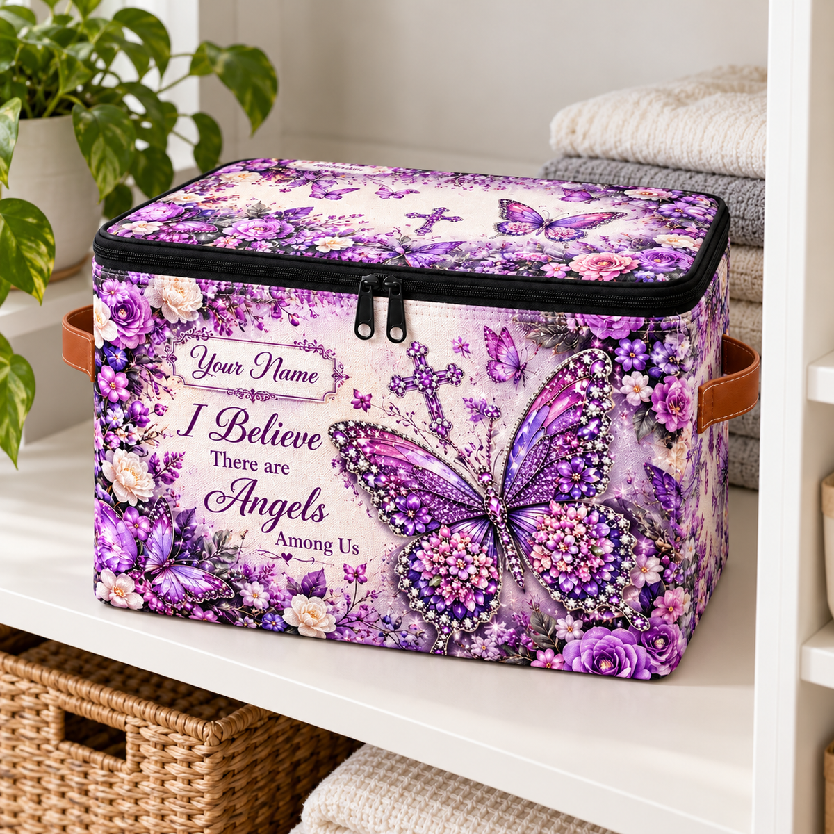 Personalized Jeweled Butterfly Square Storage Basket With Lid