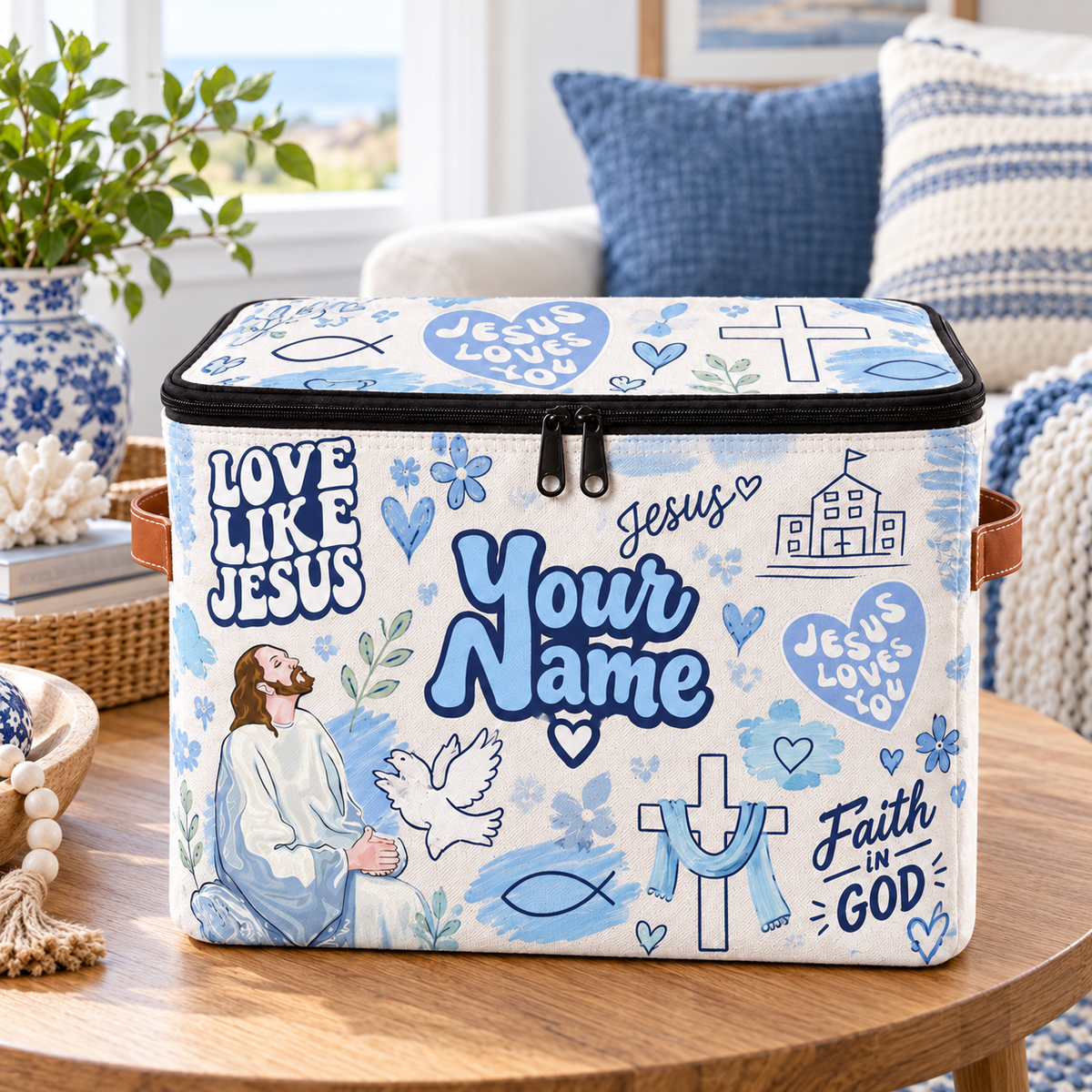 Personalized Blue Doodle Square Storage Basket With Lid