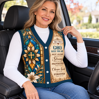 Teal Stained Glass Lily Personalized Knitted Cardigan Vest