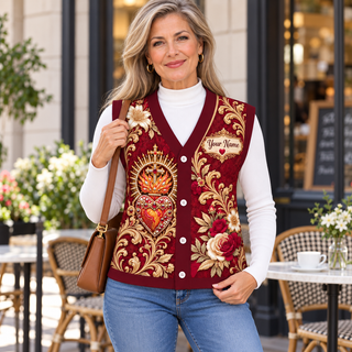 Burgundy Ornate Heart Personalized Knitted Cardigan Vest