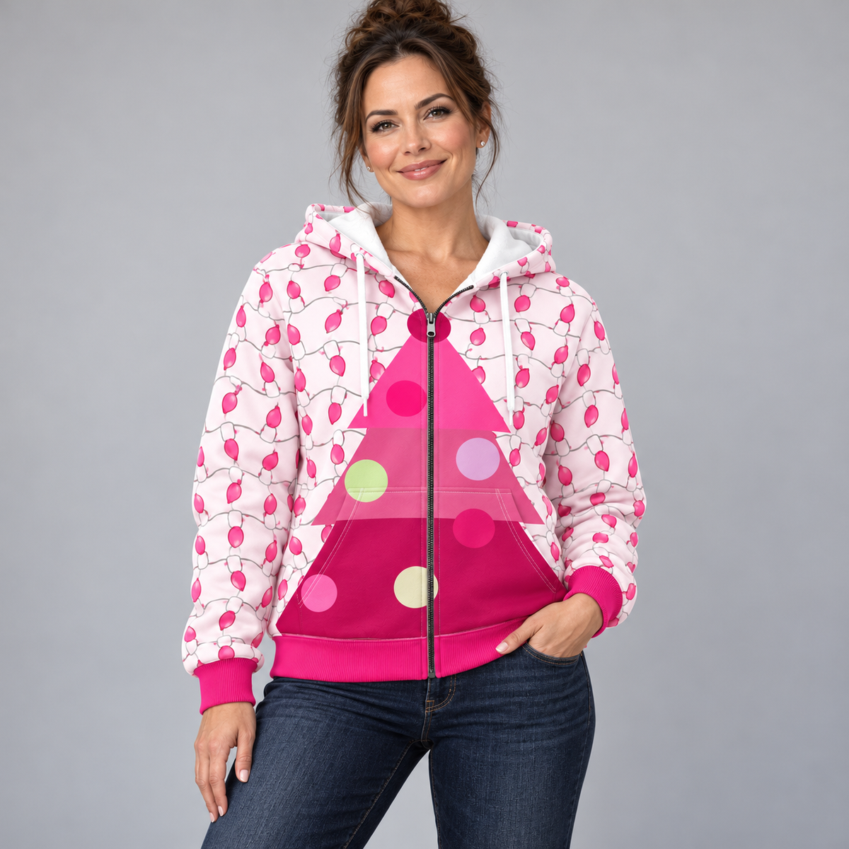Personalized Pink Tree Lights Zip Hoodie