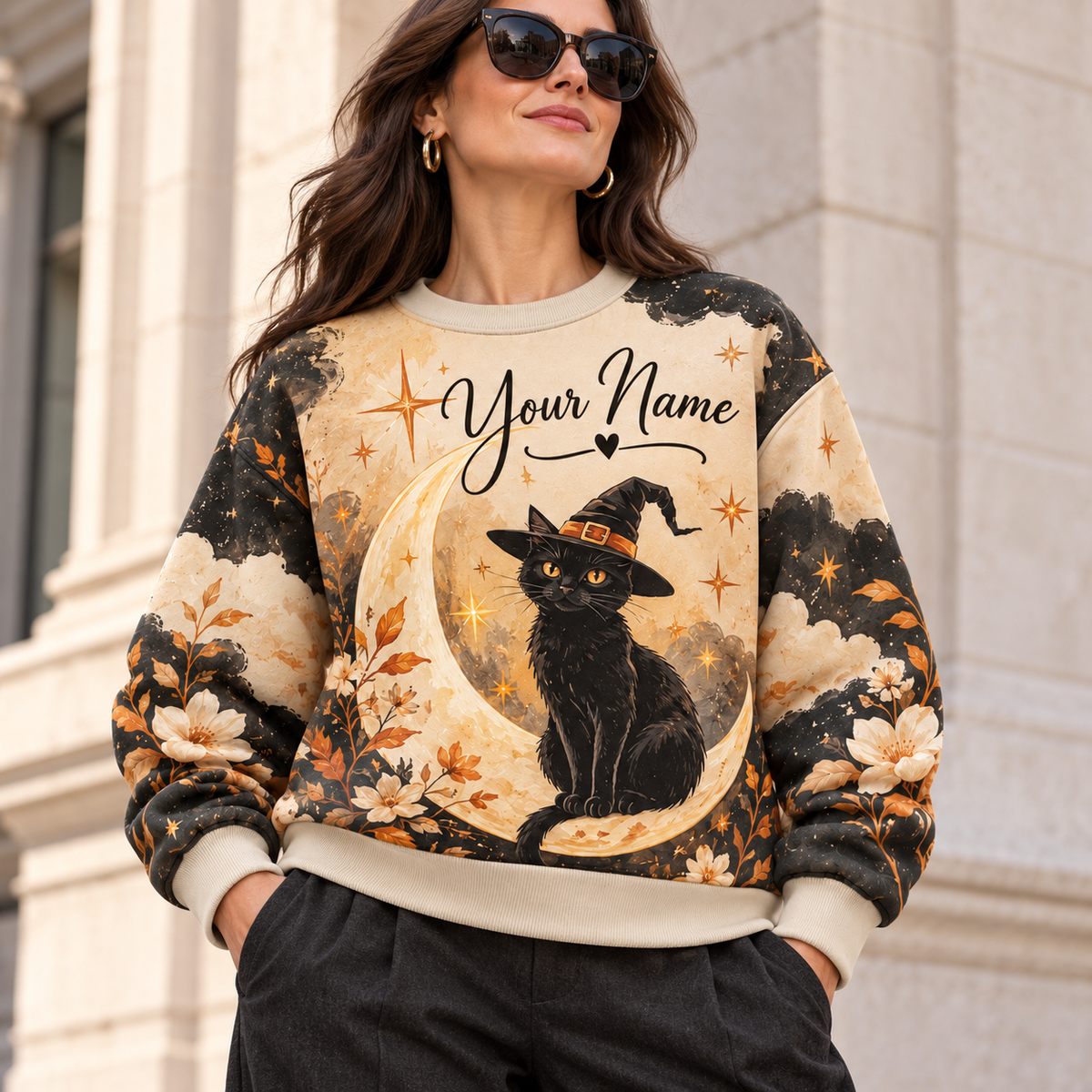 Personalized Crescent Moon Black Cat Sweatshirt