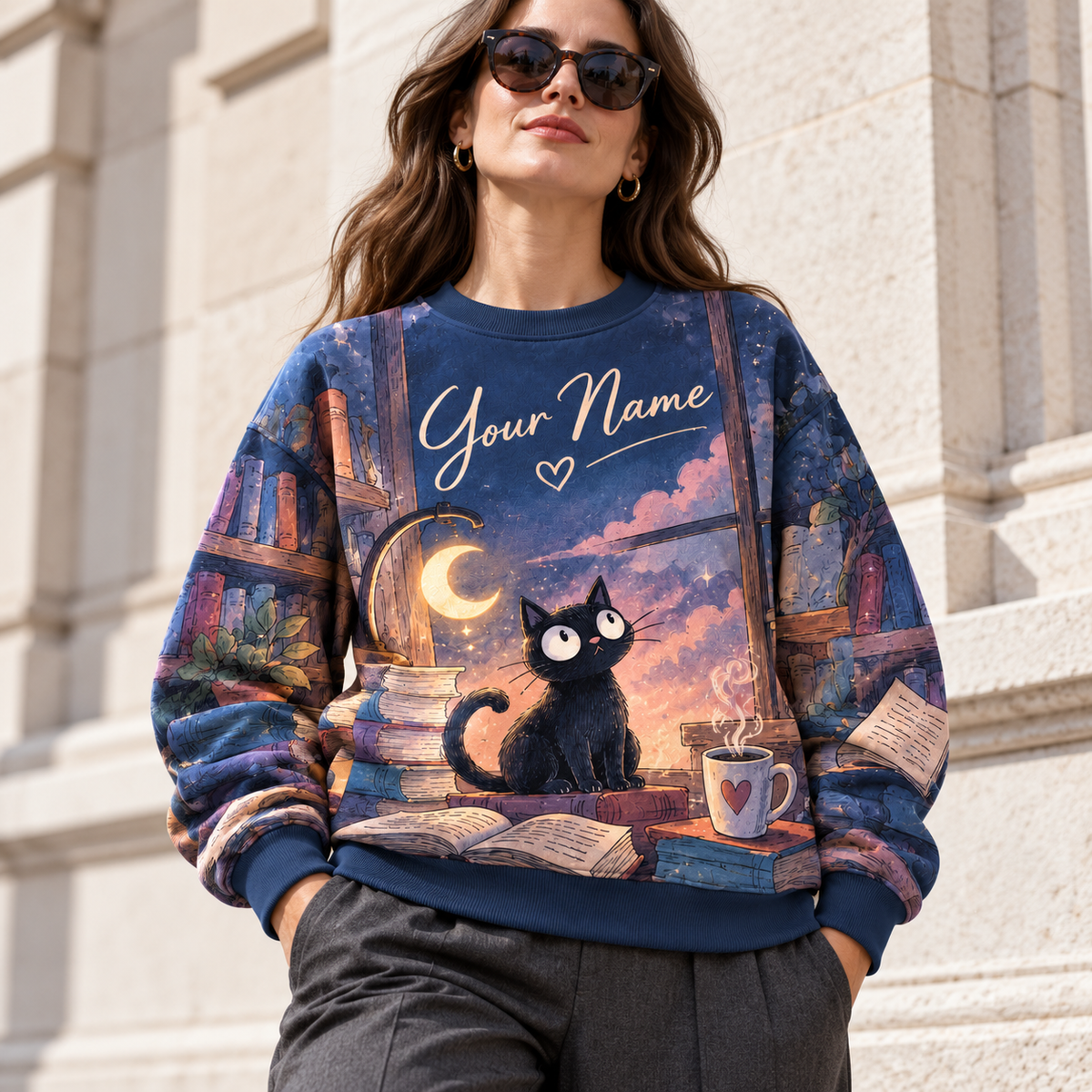 Personalized Moonlit Library Cat Sweatshirt