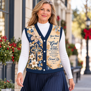 Navy Floral Pearl Butterfly Personalized Knitted Cardigan Vest