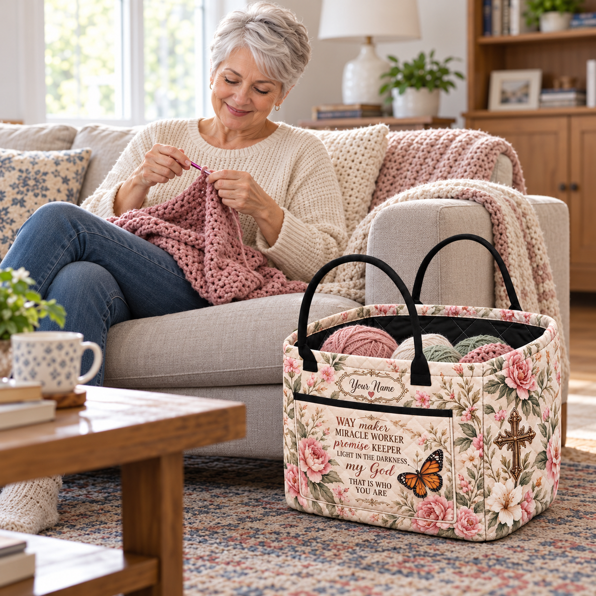 Personalized Pink Rose Butterfly Quilted Storage Basket