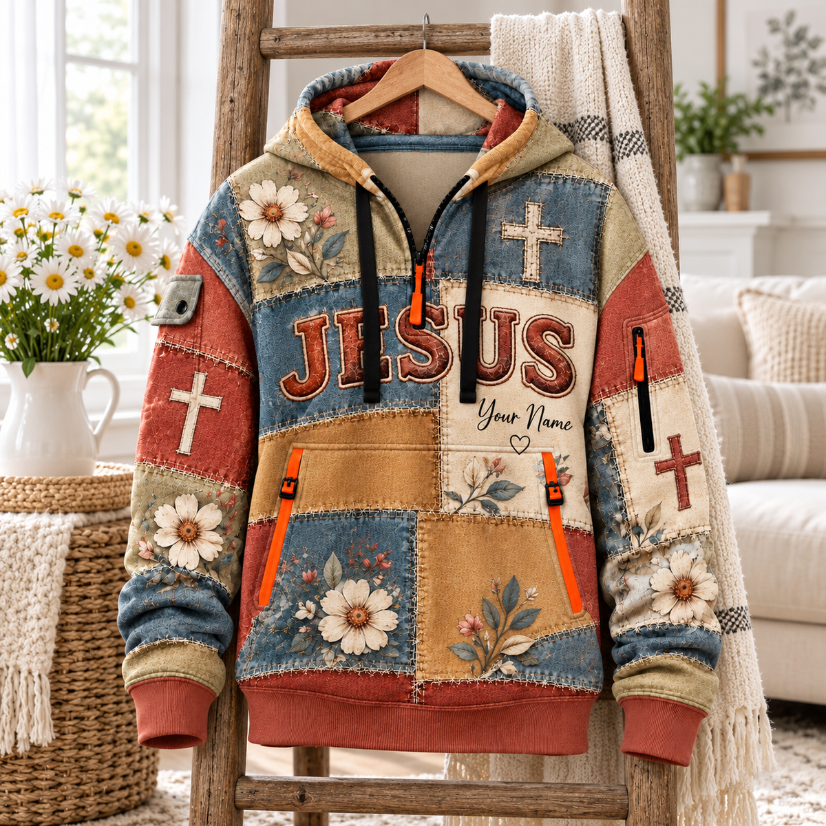 Personalized Vintage Floral Patchwork Half-Zip Hoodie