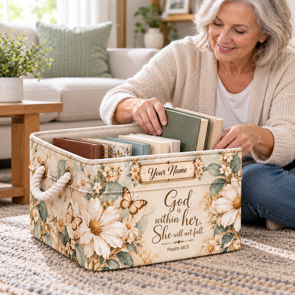 Personalized White Floral Butterfly Storage Basket