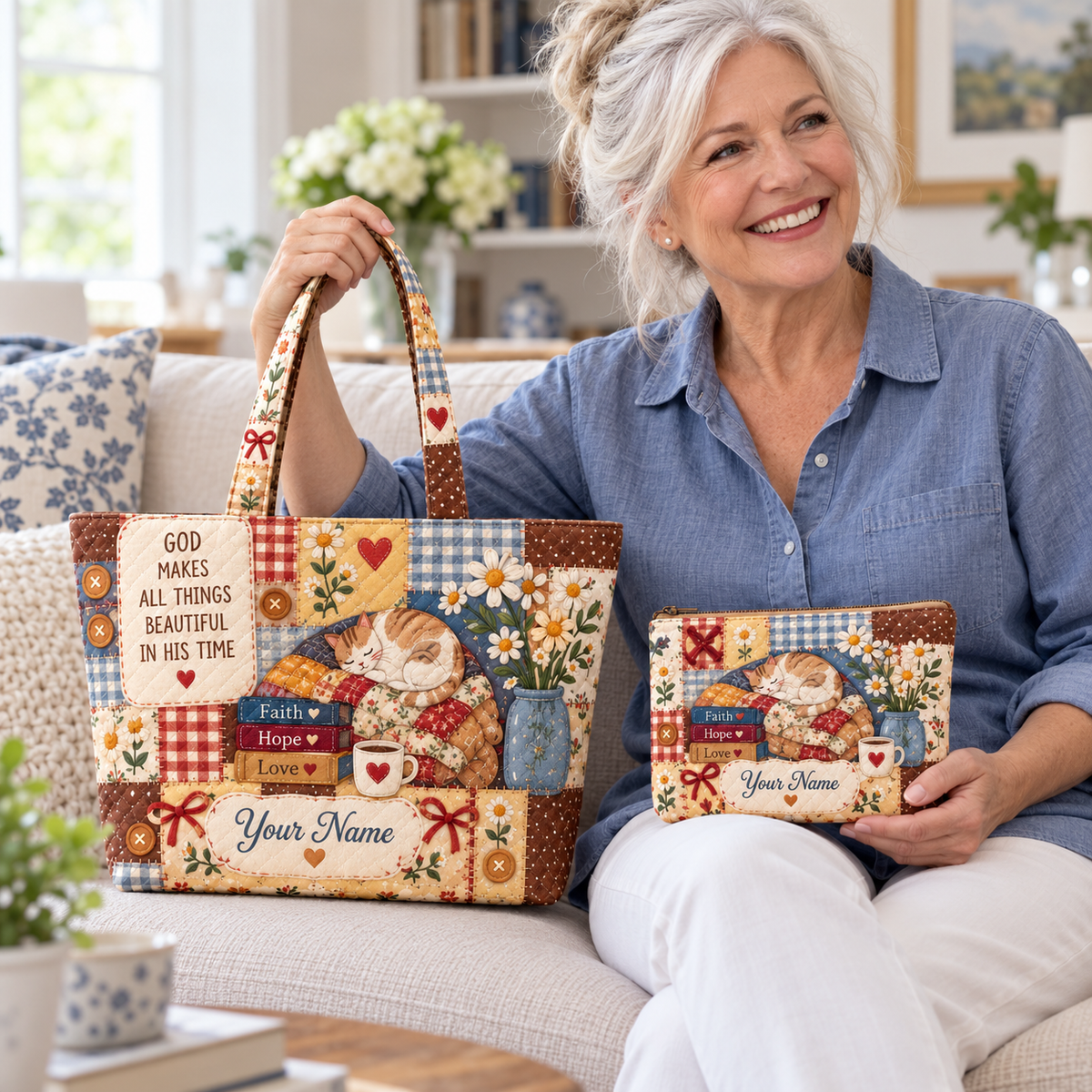Personalized Sleeping Cat & Daisies Quilted Shoulder Bag & Storage Bag