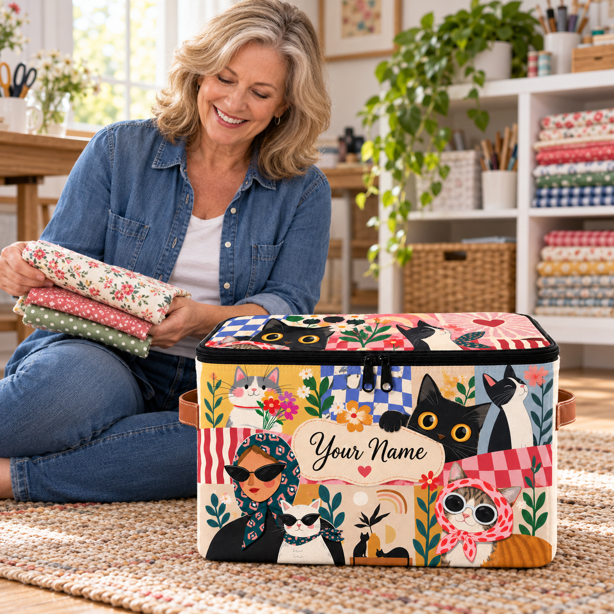 Personalized Retro Cat Square Storage Basket With Lid