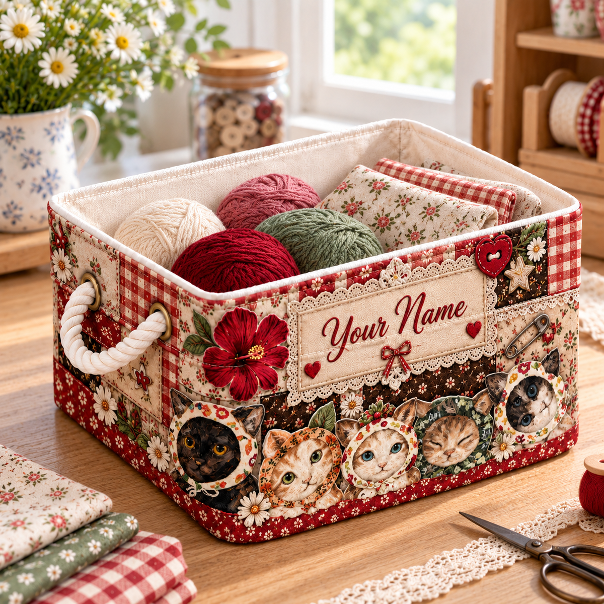 Personalized Floral Cats Patchwork Storage Basket