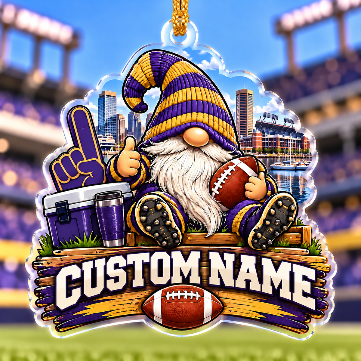 Personalized #1 Purple and Gold Football Gnome Ornament