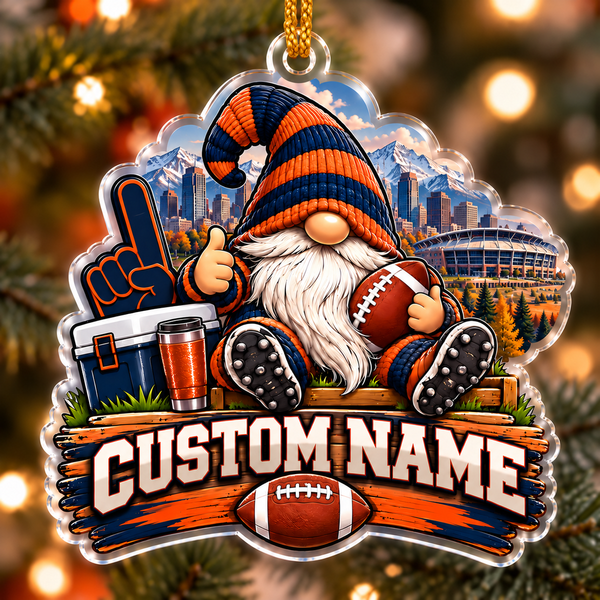 Personalized Orange and Navy Football Gnome Ornament